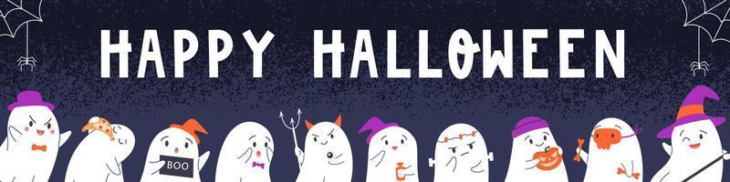 banner de feliz halloween con personajes fantasmas infantiles. fondo de fiesta de helloween night con web, murciélagos para las espeluznantes y divertidas vacaciones de octubre. ilustración vectorial plana vector