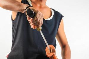 Man holding machete isolated photo