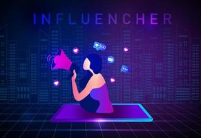 Woman shouting in loud speaker with social media icons. Influencer social media marketing, vlogger, youtuber, social influencer and influencer marketing concept vector illustration