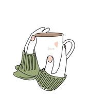 ilustración de una taza de café en manos de mujeres. ilustración simple dibujada a mano en estilo de arte de línea. dibujo de una sola línea vector