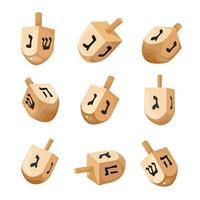 conjunto de iconos de dreidels de hanukkah. ilustración vectorial hanukkah dreidels con sus letras del alfabeto hebreo. vector