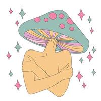 Magic girl with mushroom head. Psychedelic hallucination. Vibrant vector illustration. 70s hippie colorful art for t-shirt or sticker.