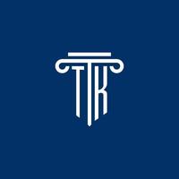 monograma del logotipo inicial de tk con un icono de pilar simple vector