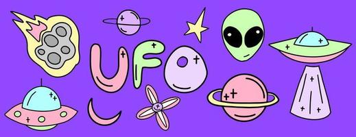 colección de ovnis, extraterrestres y objetos espaciales dibujados en estilo plano. . ilustración vectorial vector