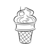 Ice cream waffle cone in black linear drawing style. Ice cream with cherry in doodle style. Vector illustration isolated on white background