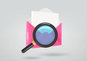 Opened envelope with magnifier. 3d vector illustration