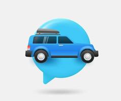 nube de habla con coche azul. concepto de viaje en coche. ilustración aislada de vector 3d