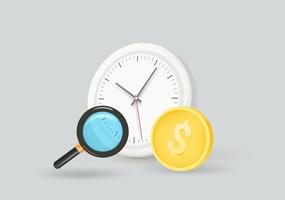 Time is money concept with clock, coin and magnifier. 3d vector illustration