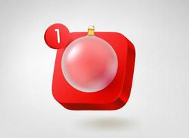 Glass Christmas bauble on red button. 3d vector mobile application icon