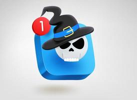 Scull with hat. 3d vector mobile application icon with notification