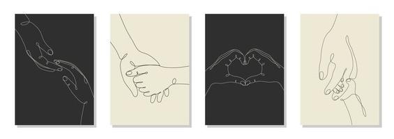 Single line drawn hand gestures set, minimalistic human hands showing love, heart, romantic, relationship sign, barely touching, family, kids hand. Dynamic continuous one line graphic vector posters