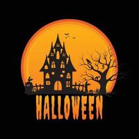 Flat happy Halloween yellow background with trees and pumpkins vector