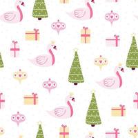 Cute christmas pattern with swan, xmas eve and gifts boxes in childish cartoon style on white background for wrapping paper or fabric, animal ornate for kids vector