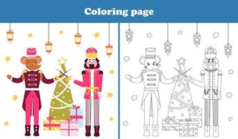 Christmas coloring page with cute nutcracker character and mouse king fighting in cartoon style, printable worksheet vector