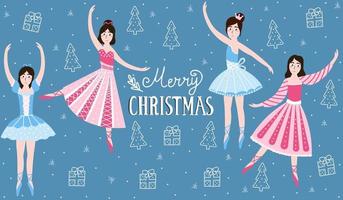 Set of christmas ballerinas on dark blue background with eve and presents, colourful cartoon dancers in different poses, horizontal banner with merry Christmas lettering vector