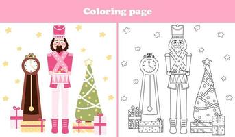 Christmas coloring page with cute nutcracker character and xmas tree with gift boxes in cartoon childish style vector