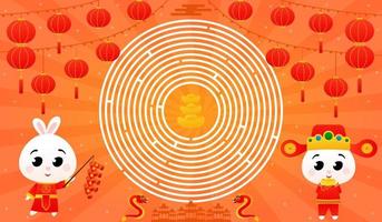 Printable worksheet with circle maze with cute rabbits in traditional chinese costumes and holding firecrackers vector