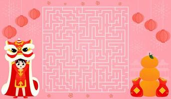 Lunar New year puzzle game with labyrinth, find right way to tangerines with cute girl dancing lion dance vector