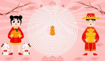 hoja de trabajo imprimible con laberinto circular con niños lindos en trajes tradicionales chinos con lingotes y mandarina vector