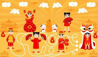 encuentre el juego de rompecabezas para niños para el año nuevo lunar, hoja de trabajo imprimible con niños en trajes tradicionales chinos