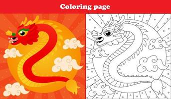 Printable worksheet with coloring page for kids with traditional chinese dragon in oriental style with clouds and sun in cartoon style vector
