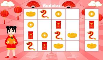 juego de sudoku para niños con linda chica en traje tradicional chino y sosteniendo mandarina, hoja de trabajo lógica imprimible vector