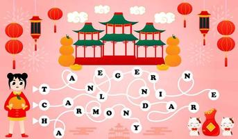 Word game for kids with lunar new year concept with cute girl and lucky cat on pink background in cartoon style vector