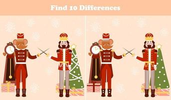 Christmas logical game, find ten differences riddle for children books with nutcracker character and mouse king fighting in cartoon style, xmas eve and gift boxes, search puzzle vector