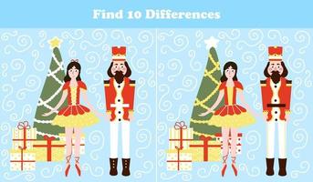 Christmas logical game for printable worksheet, find ten differences riddle for children books with nutcracker character and ballerina in cartoon style, xmas eve and gift boxes, search puzzle vector