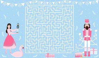 Labyrinth for christmas activity book for kids with ballerina and nutcracker on blue background, printable worksheet with maze, find right way game vector