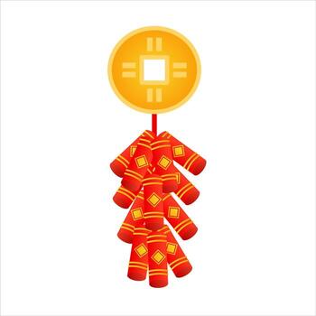 Chinese firecracker or firework with gold coin isolated on white background, lunar new year element in cartoon style vector