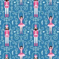 Christmas seamlesss pattern with nutcracker character and ballerina on dark blue background with swirls for wraping paper or fabric, printable wallpaper design in cartoon style vector