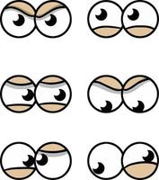 Set of comic eyes with different expressions of emotions. Look up, down, sideways. Element of character head and face. Cartoon illustration. Anger, fatigue, insanity