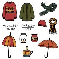 Autumn cozy doodles set. Hand drawn isolated stickers sweaters, umbrellas, scarves, candels. Fall vector illustration clip art