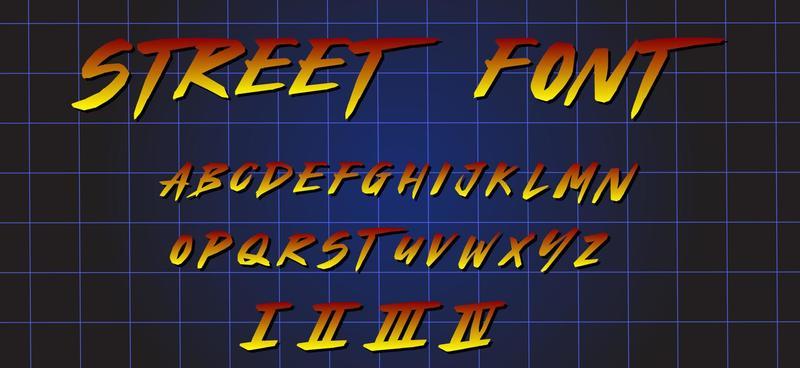 Arcade gaming retrowave font. Gradient letters and numbers on space, grid background. Sci-fi alphabet in retro 80's style. Synth Wave ABC.