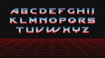 Retro galaxy font, vector alphabet 80s letters with a metallic effect, retro futurism arcade game typeface