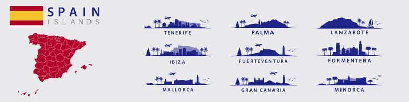 colección de paisajes españoles de islas en españa, como ibiza, tenerife, las palmas, gran canaria, menorca, formentera, lanzarote, fuerteventura vector