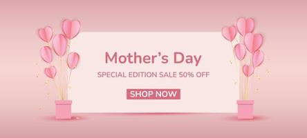 Mother's day vector banner with pink paper balloons and pink paper hearts