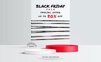 red and white two step podium with black friday caution tape on white background. 3d Realistic vector illustration