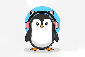 lindo pingüino con auriculares rosas vector eps 10