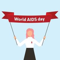 Girl with pink hair take a banner, World AIDS day 1 December. Vector illustration