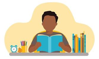 African American boy read book and sit on the table. Back to school. Vector illustration