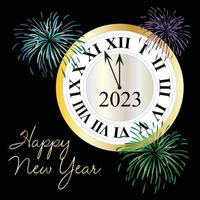 2023 happy new year countdown clock with fireworks graphic vector