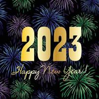 2023 Happy New Year graphic with fireworks on black background vector