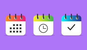 Set vector square icons page calendar. Mark agenda app, time, watch, deadline, date page icon and mark done. Yes, success, check, approved, confirm. Reminder, schedule line simple sign.