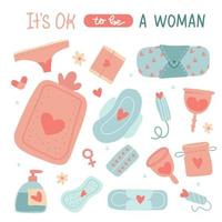 Menstrual period Set of cute lovely images- menstrual cups, bleeding, tampon, pads, panties, flowers with blood made of hearts. Female hygiene product. Isolated item stickers. Flat vector illustration