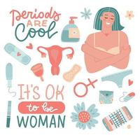 Menstruation self care items set. Elements kit of female period, menstrual blood, womb, uterus, pregnancy test, panties, sanitary pad, tampon, reusable cup, flowers. Colored flat vector illustrations