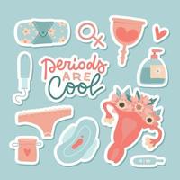 Sticker set of menstruation, period elements, uterus. Collection of flowers, tampon, female womb, pads, cup, panties. Menstruation hygiene in critical days. Flat hand drawn cartoon vector illustration