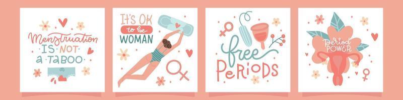 Set of cards with quotes about period with menstrual blood, panties, sanitary pad, tampon, reusable cup, female womb and flowers. Lettering compositions about menstruation. Vector flat illustrations.