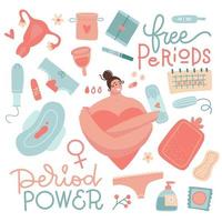 Menstrual period set cute elements. Women with menstruation. Hygiene products symbols collection - tampons, cups, panties, pads, uterus, calendar. Vector cartoon hand drawn illustration.